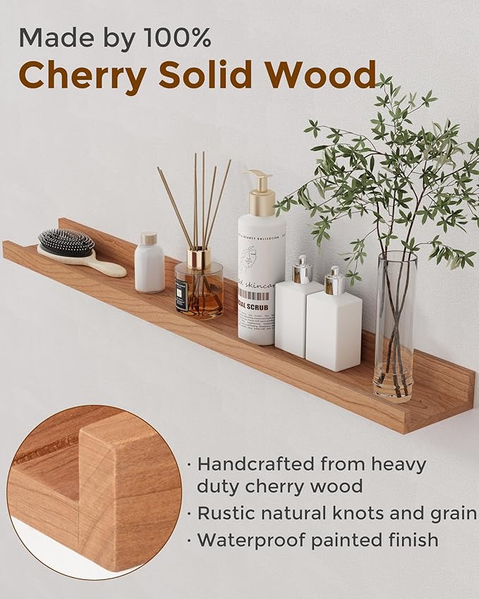 Axeman Cherry Picture Ledge Shelf, 55 Inch Floating Shelves Set of 2, Solid Wood Wall Shelves with Lip, Wall Decor Storage for Bedroom Living Room Bathroom Kitchen Nursery Photo, Natural Cherry