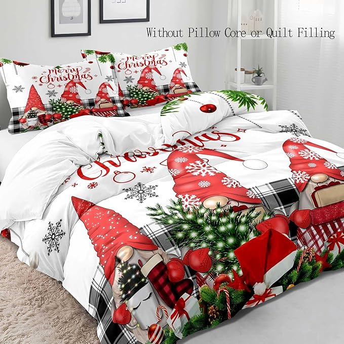 LUVIVIHOME 3PCS Christmas Gnome Duvet Cover King, Christmas Bedding, White Duvet Cover, Holiday New Year Xmas Santa Swedish Tomte Snowflake Red Black Buffalo Plaid Comforter Quilt Cover 2 Pillow Shams