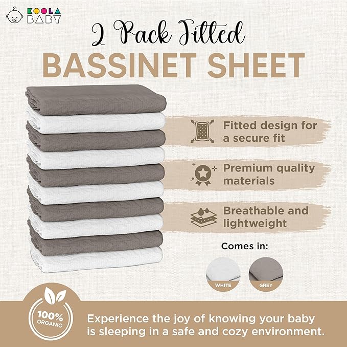 Bassinet Fitted Sheets - Compatible with 4moms MamaRoo Sleep Bassinet | 100% Organic Muslin Cotton - White + Grey | 30x18 (2 Pack)