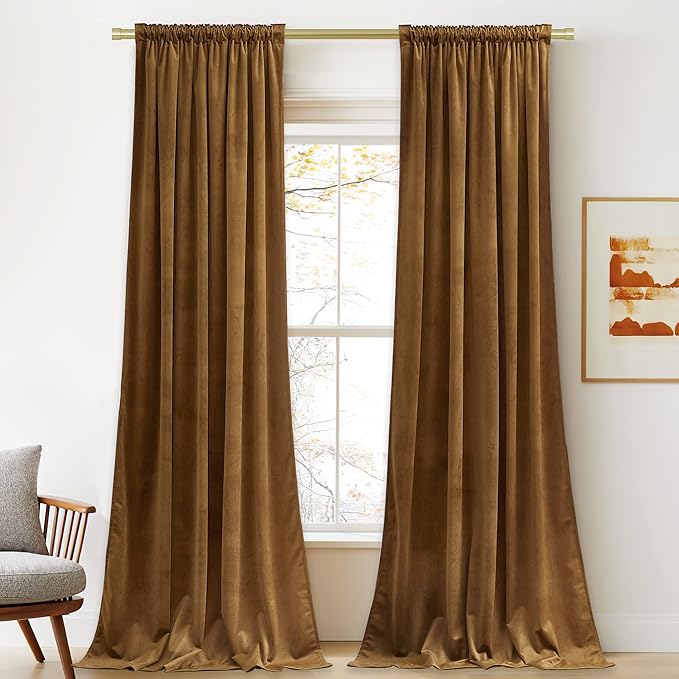 StangH 120 inches Velvet Curtains for Living Room, Vintage Gold Brown Blackout Thermal Insulated Window Curtain Panels for Sliding Glass Door/Hall/Villa, W52 x L120, 2 Panels