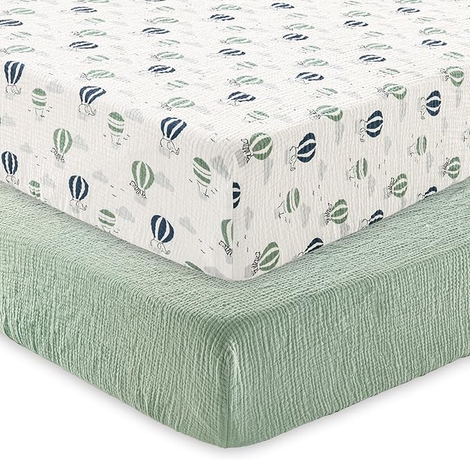 david's kids Muslin Crib Sheets for Boys Girls, 2 Pack 100% Cotton Soft Breathable Fitted Baby Neutral Sheet Set, Standard 52"x28" Crib and Toddler Mattress, Animals