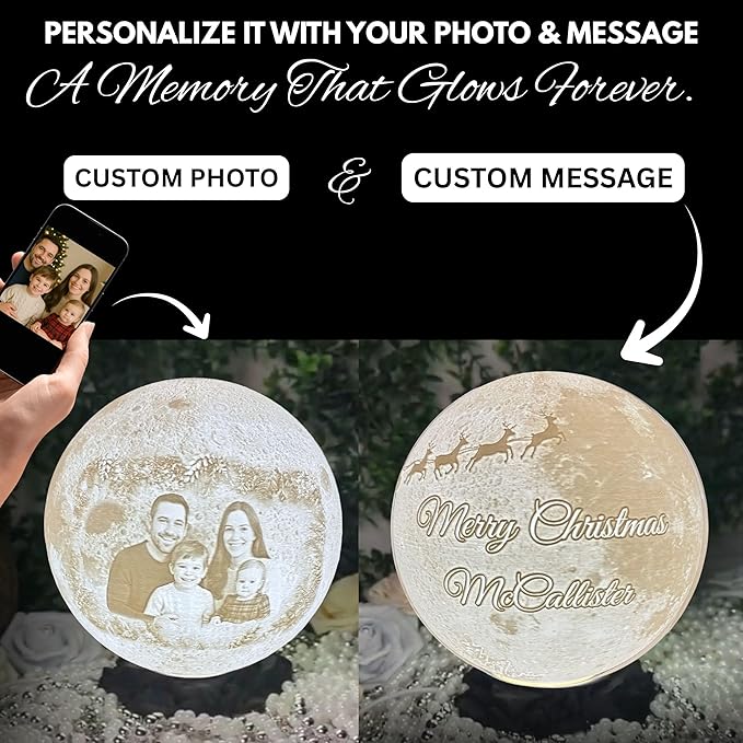 Personalized Christmas Moon Lamp with Custom Photo & Text – Moon Light for Holidays, Christmas Decor, Stocking Stuffers & Family Keepsakes | Christmas Gift for Family, Couples, Kids & Friends