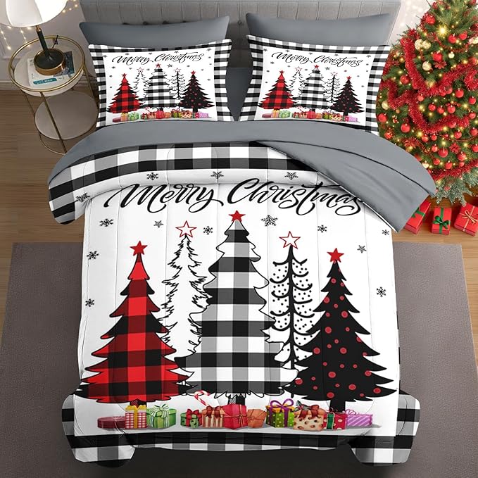 7 Pcs King Size Christmas Comforter Set with 2 Pillowcases & 2 Shams, Buffalo Check Plaid Tree Bedding for Kids and Adults, Winter Snowflake Bed in a Bag with Flat Fitted Sheet