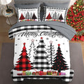 5 Pcs Twin Size Christmas Comforter Set with Pillowcase & Sham, Buffalo Check Plaid Tree Bedding for Kids and Adults, Winter Snowflake Bed in a Bag with Flat Fitted Sheet