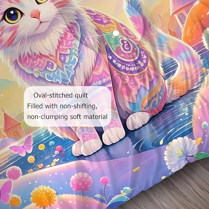 Rainbow Cat Comforter Set: Twin Size Cute Colorful Cat Bedding for Kids Teen Girls Room Decor Kawaii Purple Pink Ethnic Kitten Quilt Floral Feline Castle Bed Sets 2 Piece