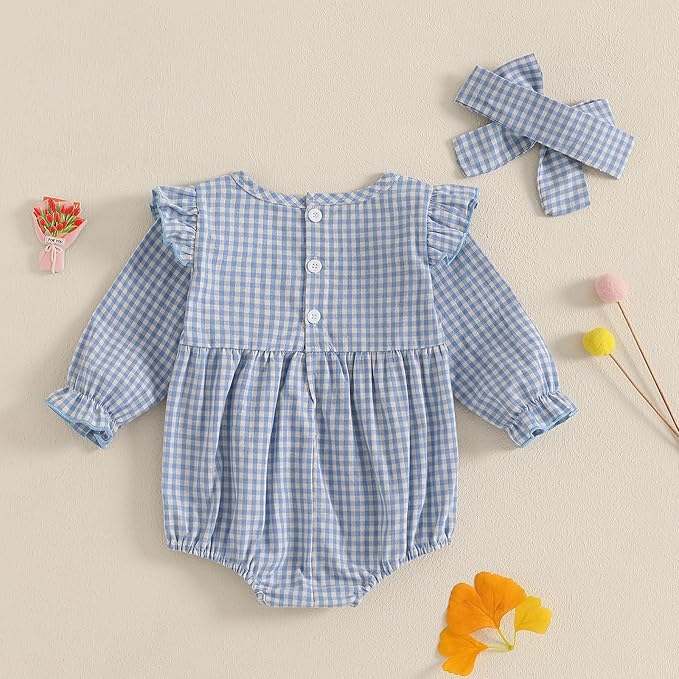 Karuedoo Newborn Baby Girl Clothes Gingham Plaid Bubble Romper Long Sleeve Ruffle Bodysuit with Headband Spring Fall Outfit