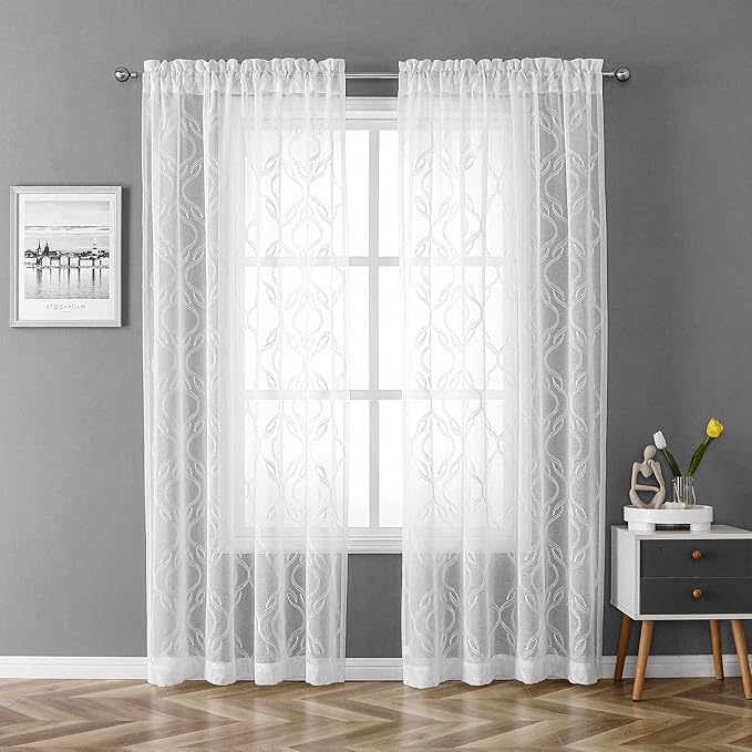VISIONTEX Sheer Curtains 120 Inches Long 2 Panels Set, White Moroccan Embroidery Texture Geometric Rod Pocket White Voile Tulle Semi Window Treatment Pair for Bedroom, W54 x L120