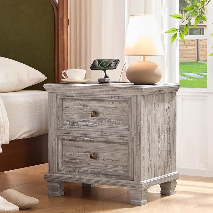 Farmhouse Bedroom Dresser and Nightstand Set of 4, 6 Drawer Low & 5 Drawers Dresser & 2 Drawer Nightstand Set, Rustic Wood Furniture Set for Bedroom, Hallway, Grey