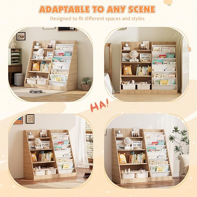 NACHES 4 Tier Kid Bookshelf Wooden 6 Sling Children Bookcase Toddler Montessori Bookcase Book Rack Display Toy Storage Organizer Book Display Shelf Stand Classroom Bedroom Nursery Playroom (Burlywood)