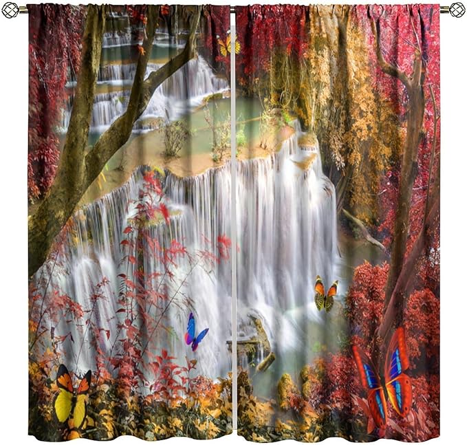 Landscape Blackout Curtains, Nature Forest Waterfall Butterfly Scenery Pattern Rod Pocket Window Drapes, for Bedroom Living Room 42" W X 45" L