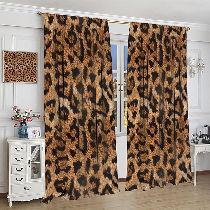 Leopard Print Window Curtains, Animal Fur Skin Brown Farmhouse Wild 3D Rustic Safari Theme Window Treatments for Kids Bedroom Living Room 63" W X 72" L