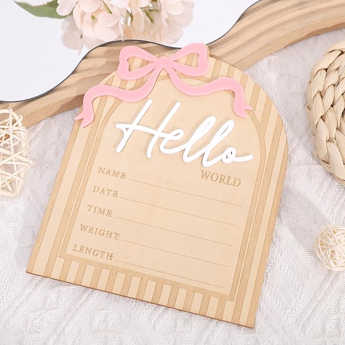 Bow Hello World Wooden Board - Hospital Newborn Information Record,Birth Milestone Bulletin Board Photo Props,Sweet Pink Bow Nursery Decorations,Little Princess Hello World Announcement Sign