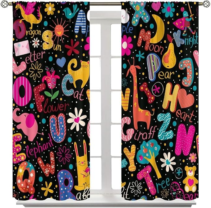 Cartoon Alphabet Curtains Funny Education Animal Giraffe Curtain with Rod Pocket for Bedroom Living Room Home Decor Drapes Thermal Insulated Window Treatments 2 Panels Set 42" W X 63" L