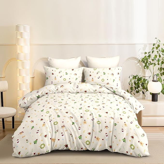 Christmas Duvet Cover Full Size Gingham Red Bow Christmas Tree Bedding Set 3 Pcs Kids Boys Girls Plaid Heart Xmas Holiday Reversible Comforter Cover with Zipper Closure (No Comforter)