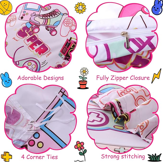 JSD Pink Gamer Kids Duvet Cover Set Full Size, 3 Piece Soft Printed Microfiber Comforter Cover with Pillow Sham Zipper Closure, Comforter Not Included