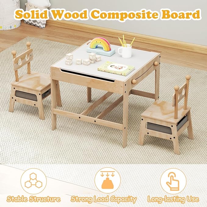 Costzon Kids Table and Chairs, 4 in 1 Wooden Activity Desk Set w/Reversible Whiteboard & Chalkboard, Hidden Storage Space and Drawers for Arts, Crafts, Play, Toddler Table and Chair Set (Alien Shape)