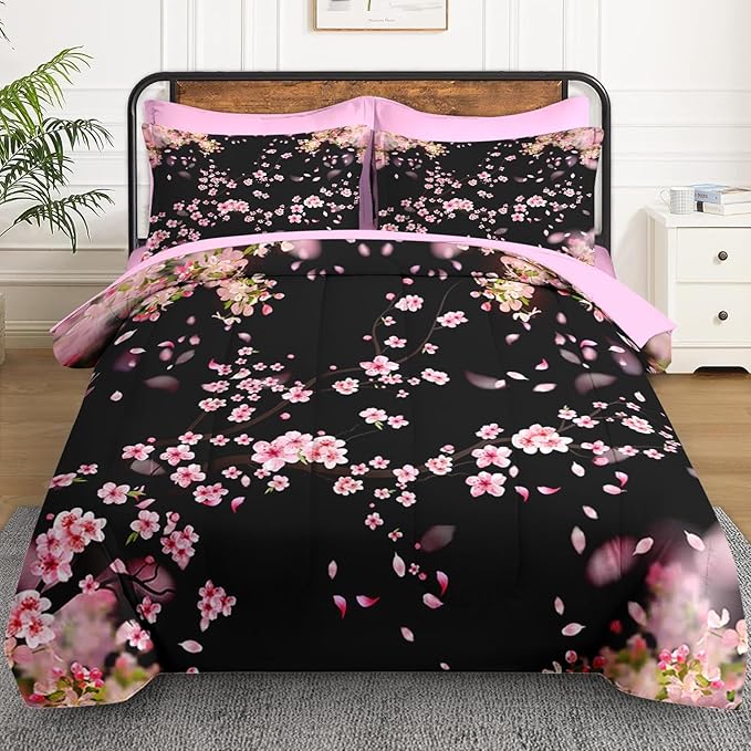 7 Pcs Full Size Comforter Set with 2 Pillowcases & 2 Shams, Tree Flower Floral Bedding for Kids and Adults, Pink Cherry Blossom Bed in a Bag with Flat Fitted Sheet