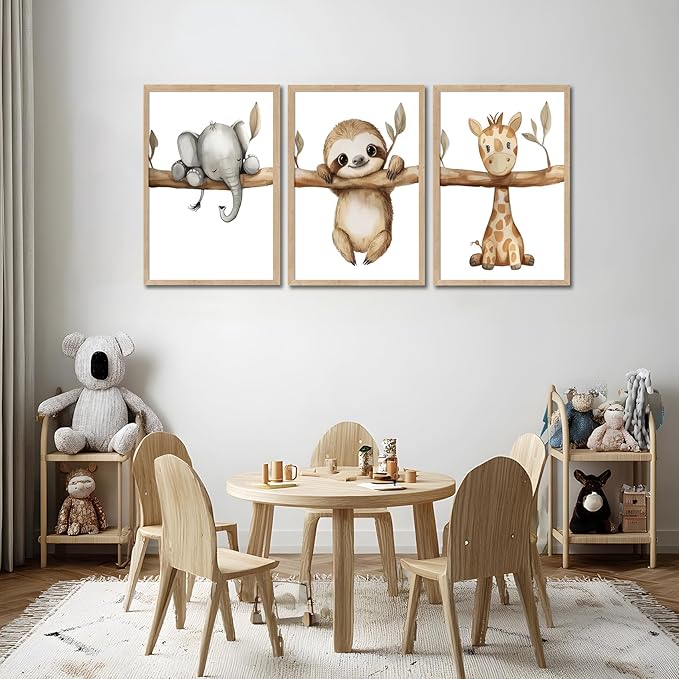 3Pcs Nursery Animal Wall Art Safari Nursery Canvas Poster Prints Jungle Kids Painting Cute Animal Elephant Sloth Giraffe Artwork Picture Wall Decor for Boys Room Girls Room 12x16in Unframed