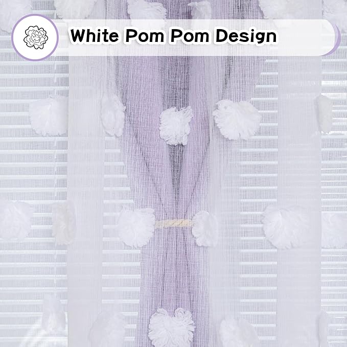 MYSKY HOME Light Blocking Lilac Curtains for Living Room White Sheer Pom Pom Kids Room Decor Drapes 102 Inches Long Double Layer Curtain for Sliding Door Grommet Window Panels Set of 2 52" x 102"