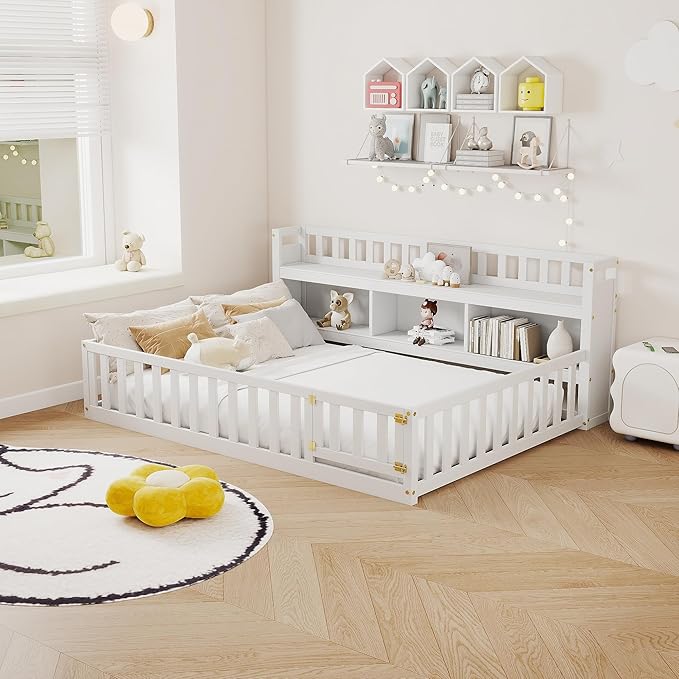 mikibama Full Size Floor Bed with Side Bookcase and Shelves, Montessori Floor Bed with Guardrails for Bedroom, Wood Full Floor Bed Frame with Storage for Girls, Boys, White