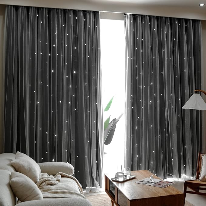 Kinryb Kids Blackout Curtains for Bedroom/Living Room/Classroom, Sheer Overlay Small 2 Panel Set, Double Layer Curtains with Star Cutout for Kids Room(W 52 x L 45 Inches,Black 2 Pcs)