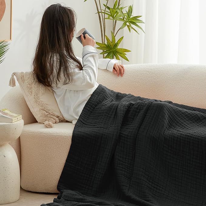 Love's cabin 6 Layer 100% Cotton Muslin Blanket, 50"x60" Throw Muslin Blanket for Couch Bed, Lightweight and Breathable Cotton Gauze for Adult, Black