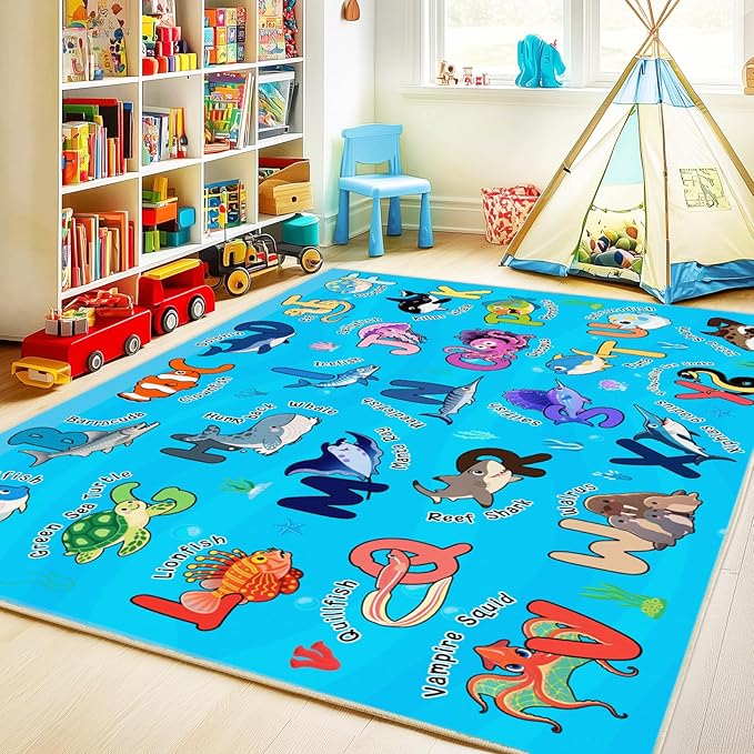 Kids Rugs for Playroom, 3x4 Feet Educational Rug for Learn The ABC Alphabet, Soft Machine Washable Non-Slip Cute Marine Organisms Carpet for Classroom Toddler Nursery Kids Room Decor, Blue