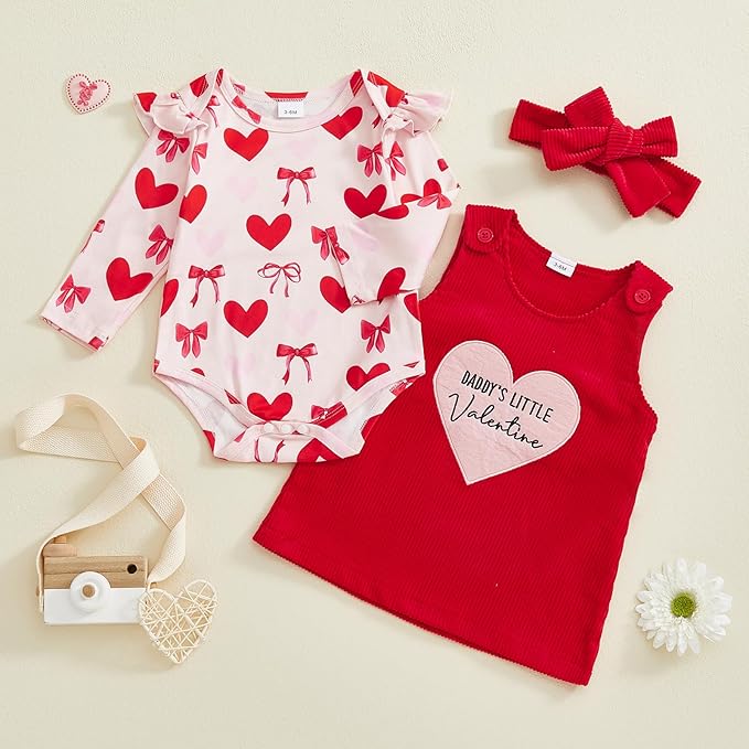 FIOMVA My First Valentines Day Outfit Clothes Baby Girl Romper Love Onesie Heart Embroidery Overalls Suspender Dress Set
