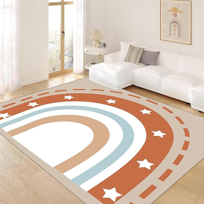 Machine Washable Rainbow Rugs Bedroom Fluffy Plush Soft Area Rugs Star Rainbow Patterns Living Room Non-Slip Indoor Flooring Kids Girls Boys Home Decor Aesthetics 6x9ft