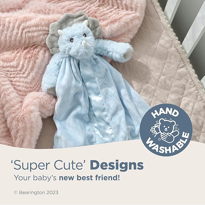 Bearington Lil’ Tracer Dinosaur Loveys for Babies - 15" Soft and Cuddly Baby Security Blanket with Satin Trim - Light Blue Lovies for Baby Girls and Boys - Comfort Toy and Snuggle Buddy for Newborns