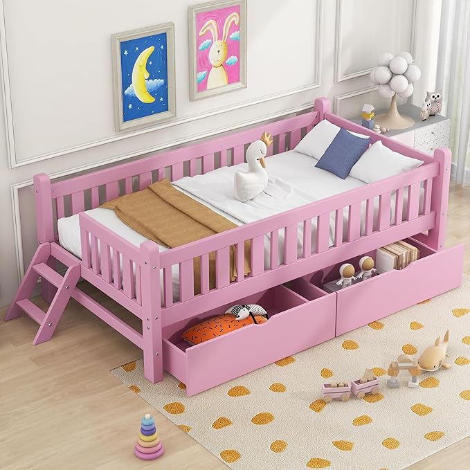 Twin Size Platform Bed with Guardrail and 2 Drawers, Wood Kids Platform Bed Frame with Two-Step Ladder for Boys Girls, Sturdy Slats Support (Pink-1.26)