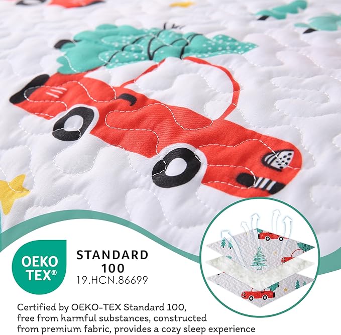JSD 3 Pcs Kids Christmas Quilt Set Full/Queen, Red Truck Tree Christmas Theme Bedding, Soft Microfiber Bedspread Coverlet Holiday Quilted Blanket