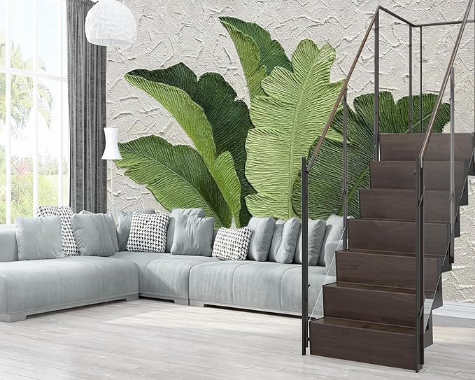 XMPMBM-Hand-Painted Banana Leaf Art Fabric Wallpaper Graffiti Green Leaf Living Room Bedroom Bathroom Wall Mural-W 176" X H 113"（138 Square Foot）