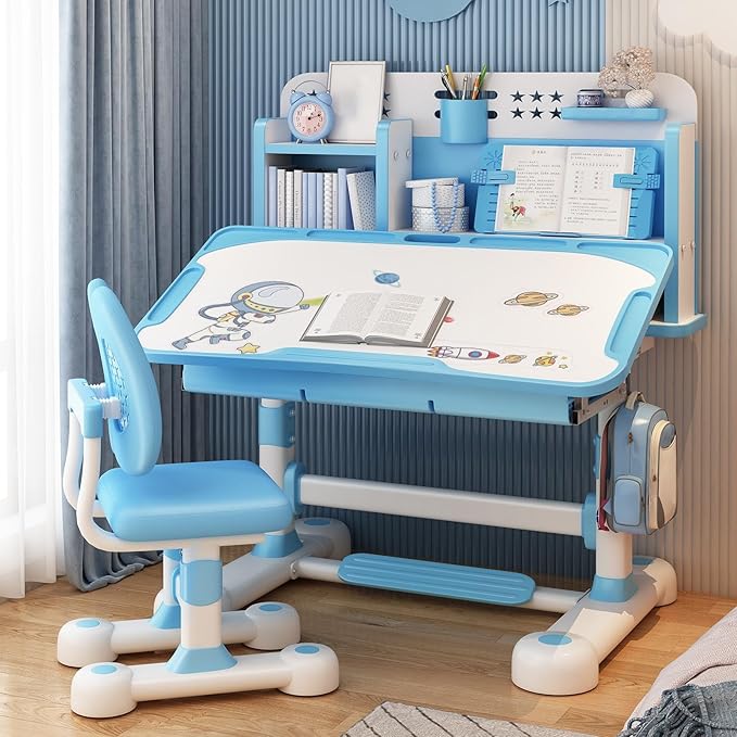 Upgraded Kids Desk and Chair Set,50 Degree Tiltable&Height Adjustable Ergonomic Study Table with Posture Corrector & Dual Back Support, 3-18 Years Adjustable Children's Desk Set with Storage Blue