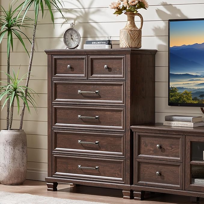 Farmhouse Bedroom Dresser and Nightstand Set of 4, 6 Drawer Tall & Low Dresser & 3 Drawer Nightstand Set with Wooden Legs, Rustic Wood Furniture Sets for Bedroom, Hallway, Walnut