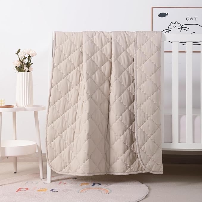 FLXXIE Machine Washable Microfiber Down Alternative Toddler Comforter, Super Soft and Lightweight Kids Crib Quilted Blanket for Stroller, Travel, 39x47 Inches, Light Taupe
