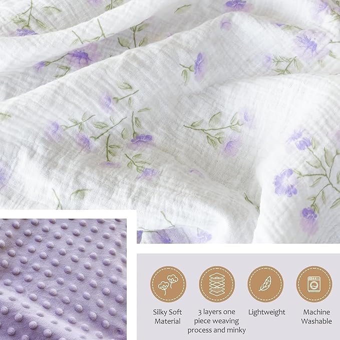 BOPRIO Baby Blankets for Unisex Boys Girls Super Soft Nursery Minky Blankets with Breathable Muslin Cotton Front and 3D Touch Dotted Fleece Backing, Floral Printed Bed Throws Newborn 30 x 40 Inch