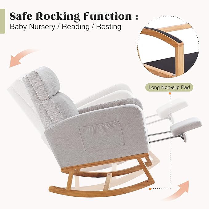 Rocking Chair Nursery, Nursing Rocking Chairs with Foot Rest for Mom Breastfeeding, Rocker Glider Chair with High Backrest for Living Room, Bedroom, Light Gray