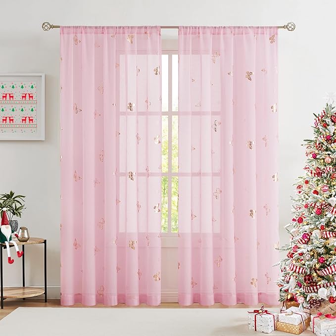 Jubilantex Pink Butterfly Sheer Curtains Gold Print Drapes for Baby Girls Nursery, Kids Bedroom 63 Inch Length Toddler Linen Textured Curtain Rod Pocket Window Treatment Sets, 2 Panels