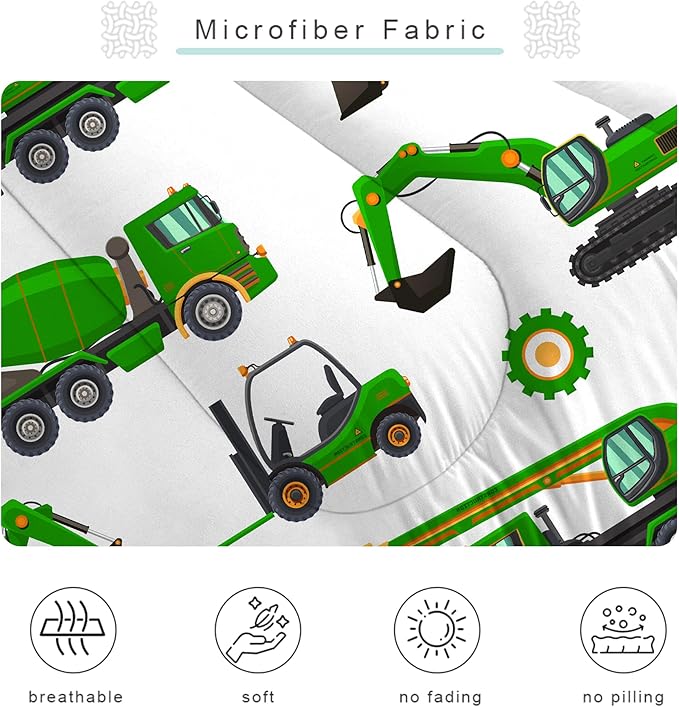 Comforter Set Green Tractor: Full Size Cartoon Excavator Truck Car Bedding Sets for Boys Kids Teens Toddler Construction Vehicles Quilt Bed Set with 1 Comforter & 2 Pillowcases