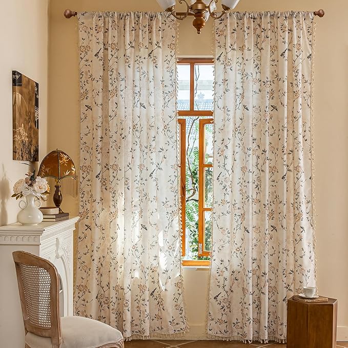 ENJOYBRIDAL Floral Curtains 63 Inches Long 2 Panels Set Farmhouse Rod Pocket Drapes for Bedroom Boho Cute Short Window Curtain Panels Rustic Living Room Semi Sheer Cottage Vintage Window Treatments