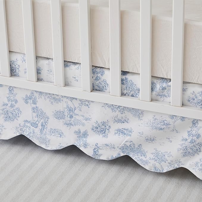 Brandream French Country Toile Crib Skirt, Baby Girl Gender Neutral Crib Skirt Scalloped Toddler Bedskirt Vintage Blue Toile Floral Print 100% Cotton Farmhouse Chic Nursery Crib Bed Skirt