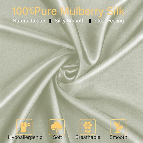 100% Mulberry Silk Pillowcase 2 Pack for Hair and Skin,with Hidden Zipper,Both Sides 22 Momme Natural Silk Pillow Cover,Soft Breathable & Smooth (Matcha, Standard)