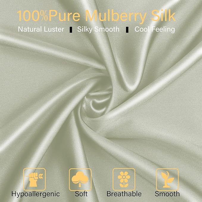 100% Mulberry Silk Pillowcase 2 Pack for Hair and Skin,with Hidden Zipper,Both Sides 22 Momme Natural Silk Pillow Cover,Soft Breathable & Smooth (Matcha, Queen)