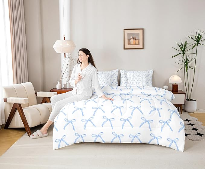 Manfei 7 Pieces Cartoon Bowknot Kids Comforter Full Size,Bow Tie Knot Geometric Patchwork Fashion Bedding Set,Hand-Painted Sketch Blue Noble（Comforter+Fitted+Flat+2 Pillowcases+2 Throw Pillow Covers