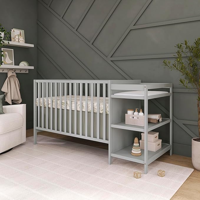 Dream On Me Synergy 3-in-1 Convertible Full-Size Baby Crib & Changer, Pebble Grey, Open Storage, GreenGuard Gold & JPMA, Pinewood, Convert to Day & Toddler Bed, 4 Mattress Heights, 1″ Changing Pad,
