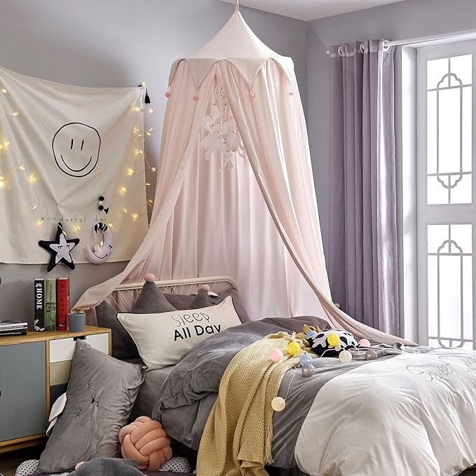 Bed Canopy for Girls, Round Dome Hanging Canopy for Baby Brib Kids Bed Room Decor Reading Nook Indoor Outdoor Playing Castle (Light Pink)