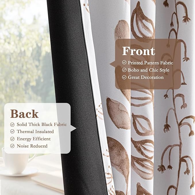 MEETSKY Blackout Curtains 72 Inches Long Leaves Patterned Farmhouse Thermal Insulated Privacy Protection Drapes with Rod Pocket Back Tab for Bedroom Living Room, 2 Panels, 50" Wide, Khaki