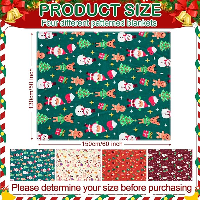 Buryeah 4 Pack Christmas Throw Blankets Bulk Snowman, Gifts, Santa, Gingerbread Man, Xmas Tree Soft Cozy Christmas Plush Flannel Blanket for Sofa, Bed, Couch, Home Decor Xmas Supplies, 50 x 60 Inches