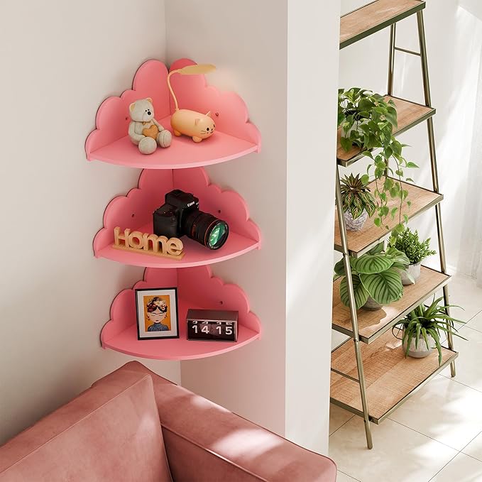 Cloud Floating Corner Shelves - Set of 3 Cloud Corner Wall Shelves for Kid’s Room, Corner Shelf Nursery Wall Deor, Small Cute Cloud Dispaly Shelf Wall Mounted for Toys, Plants & Storage,Pink.